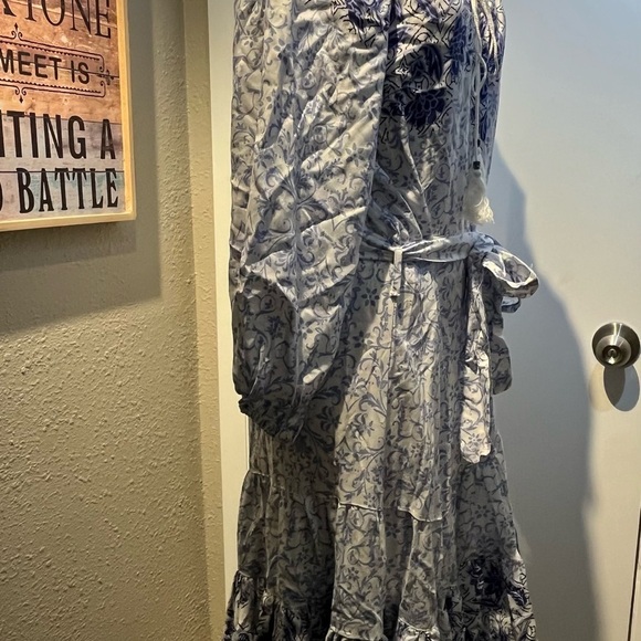 Boho blue dress nwt by nostalgia midi dress belted waist - Picture 9 of 15